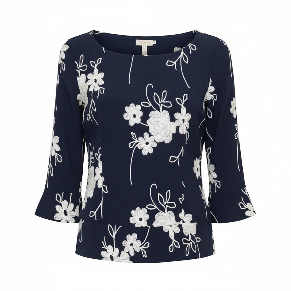 Forgotten Grace light and airy navy blue boho off the shoulders top w em… - Picture 3 of 12